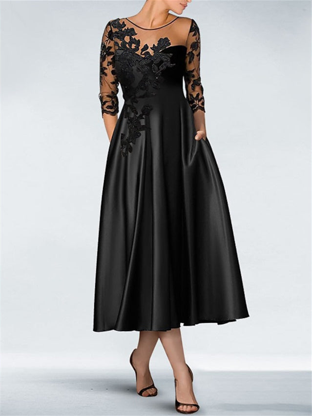 sachin and babi light blue dress Black Cocktail Dresses 2026 Appliques A-Line Illusion Neck 3/4 Sleeves Tea-Length Formal Evening Gowns with Beading & Pockets, Black