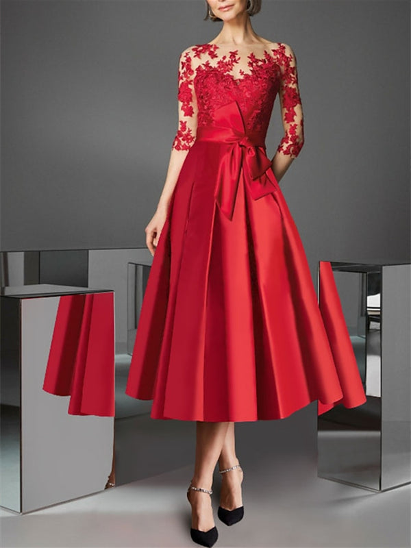 A-Line/Princess Illusion Neck Tea-Length Cocktail Dresses Satin Lace Half Sleeves Wedding Guest with Bowknot