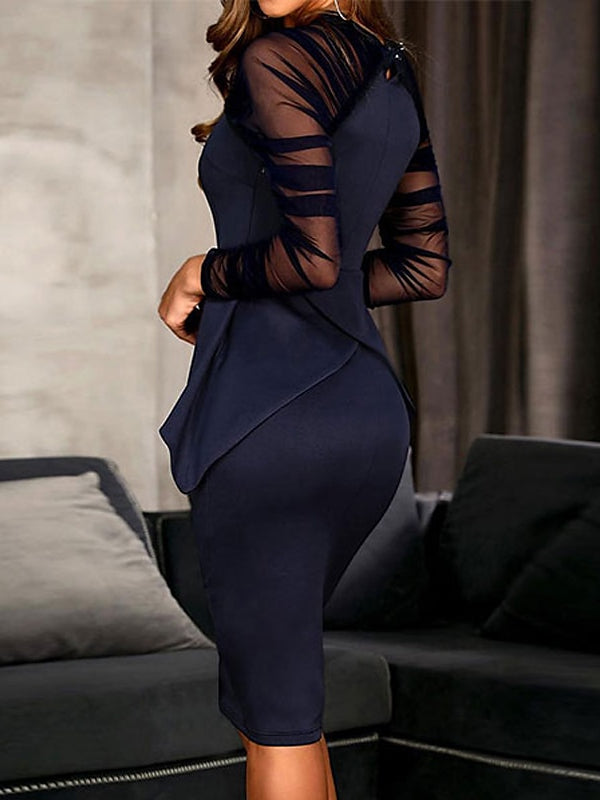 Mondressy Cocktail Dresses 2026 Sheath/Column Long Tulle Sleeves Knee-Length Formal Wedding Guest Evening Gowns with Ruched, Dark Navy Mondressy Cocktail Dresses 2026 Sheath/Column Long Tulle Sleeves Knee-Length Formal Wedding Guest Evening Gowns with Ruched, Dark Navy