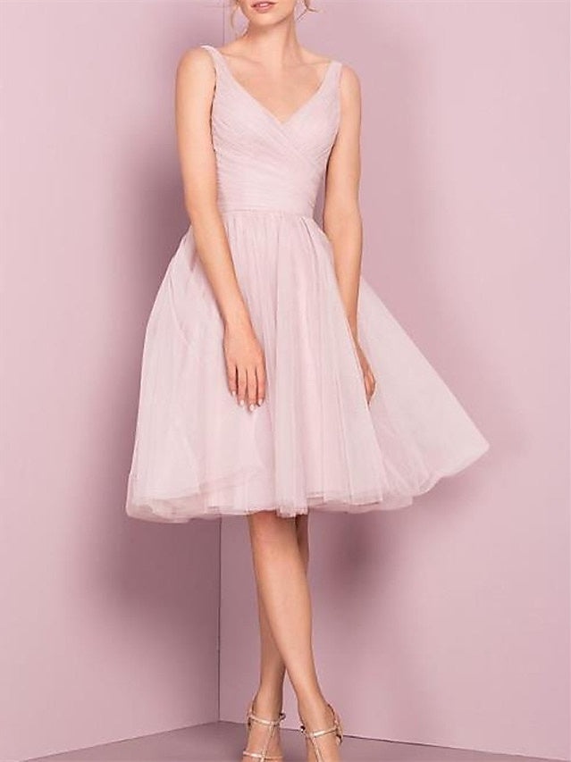 A-Line/Princess V Neck Sleeveless Tea-Length Cocktail Dresses with Pleats