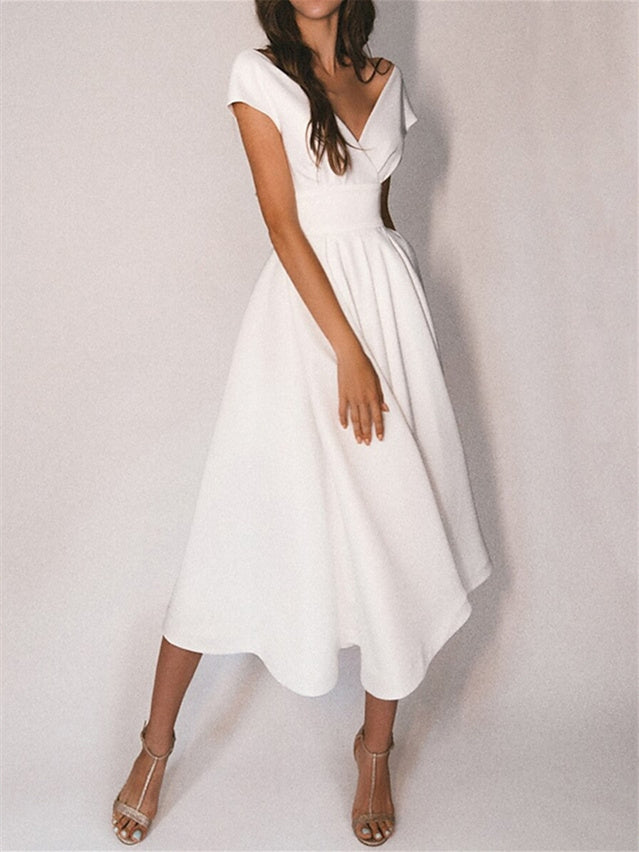 A-Line/Princess Tea-Length V-Neck Short Sleeves Cocktail Dresses, As Pic