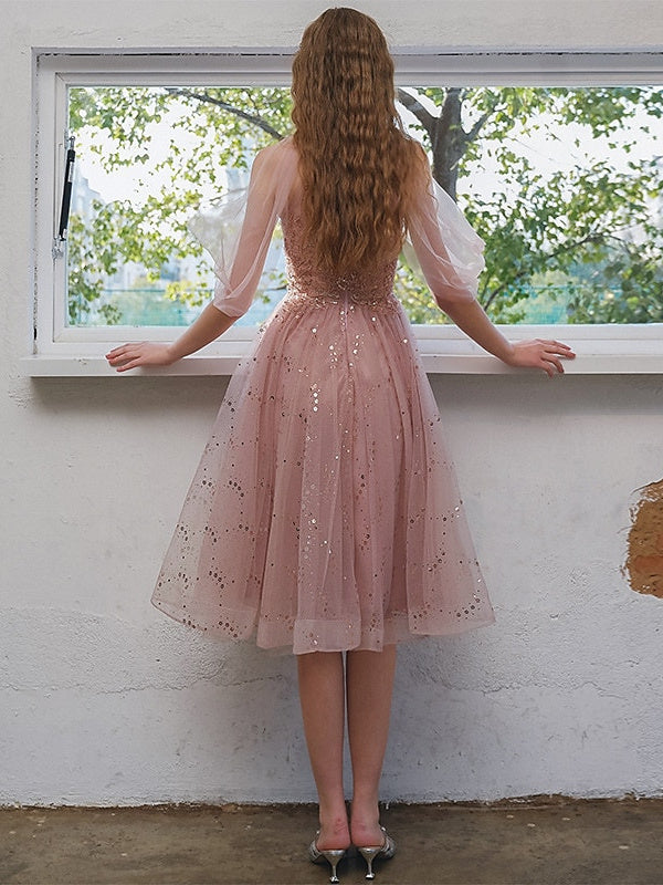 Glitter Tulle Spot Prom Dresses Short Elegant A-Line/Princess Knee-Length Jewel Neck Cocktail Dresses with Sequin Appliques Glitter Tulle Spot Prom Dresses Short Elegant A-Line/Princess Knee-Length Jewel Neck Cocktail Dresses with Sequin Appliques
