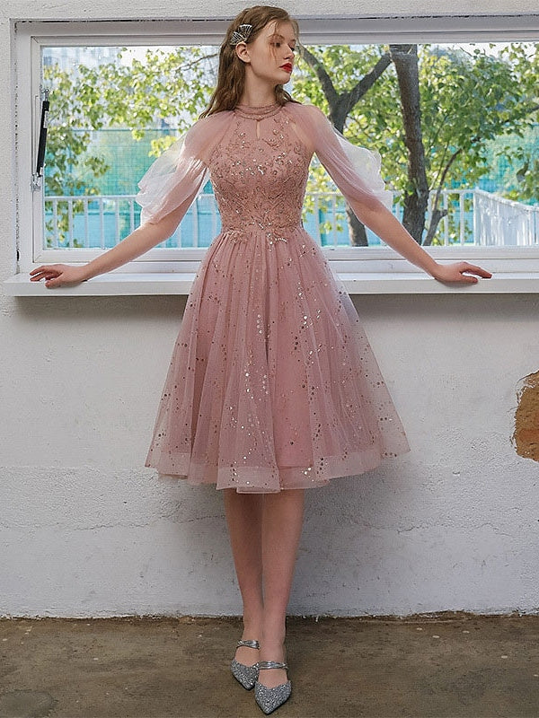 Glitter Tulle Spot Prom Dresses Short Elegant A-Line/Princess Knee-Length Jewel Neck Cocktail Dresses with Sequin Appliques