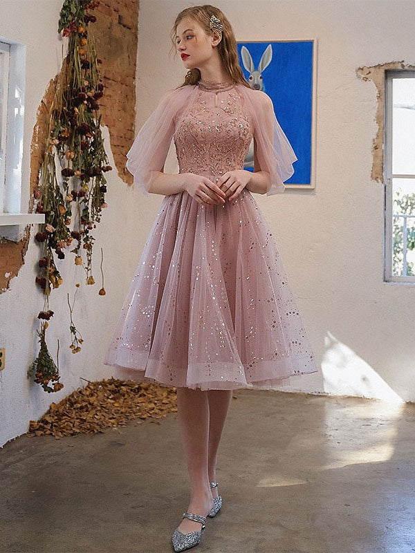 Glitter Tulle Spot Prom Dresses Short Elegant A-Line/Princess Knee-Length Jewel Neck Cocktail Dresses with Sequin Appliques Glitter Tulle Spot Prom Dresses Short Elegant A-Line/Princess Knee-Length Jewel Neck Cocktail Dresses with Sequin Appliques