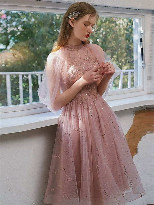 Glitter Tulle Spot Prom Dresses Short Elegant A-Line/Princess Knee-Length Jewel Neck Cocktail Dresses with Sequin Appliques