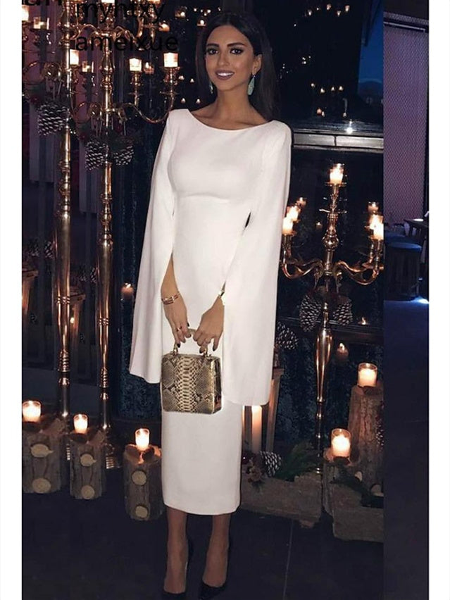 Sheath/Column Tea-Length Jewel Neck Long Sleeve Cocktail Dresses - Mondressy