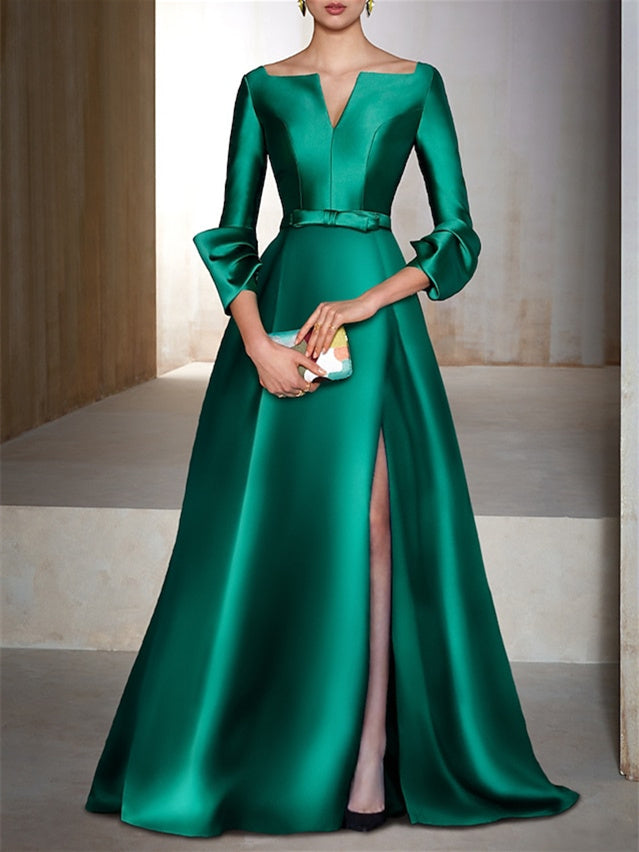 Emerald Satin Evening Maxi Gown 2026 Elegant Womens V Neck Formal Dress with Puff Sleeves Bow Waist and Front Slit for Wedding Guest, As Pic Emerald Satin Evening Maxi Gown 2026 Elegant Womens V Neck Formal Dress with Puff Sleeves Bow Waist and Front Slit for Wedding Guest, As Pic