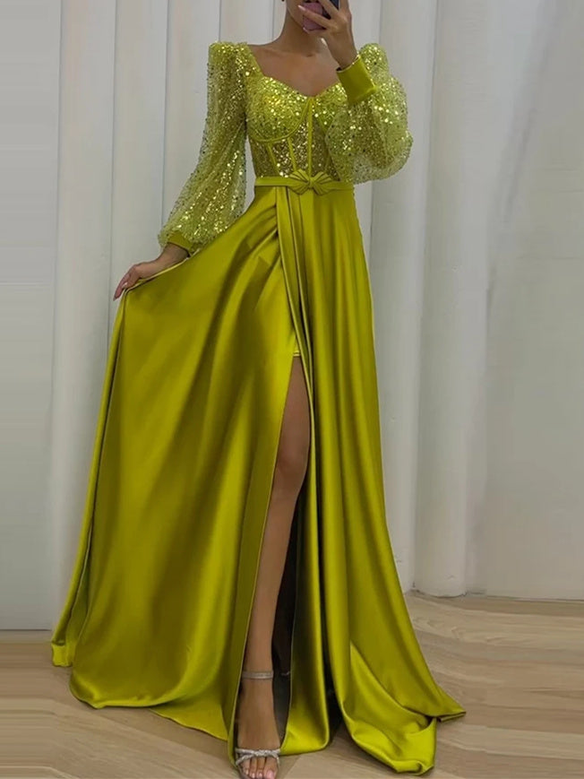 A-Line/Princess Long Sleeves Sweetheart Evening Dresses with Split Formal