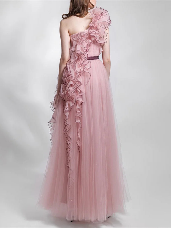 A-Line/Princess Sleeveless One Shoulder Ruffled Mesh Evening Dresses