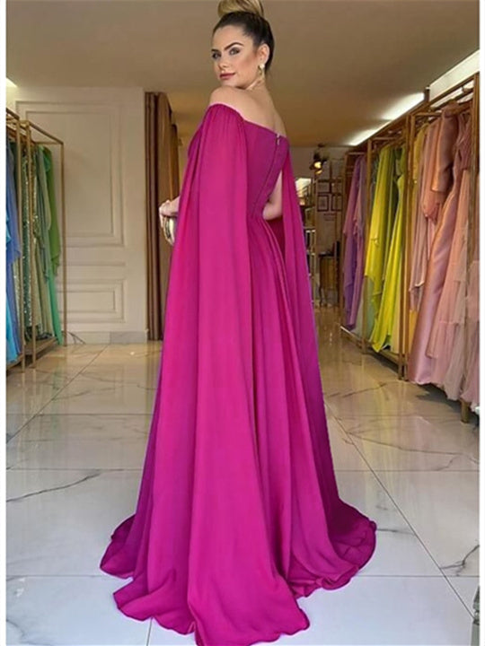 A-Line/Princess Off-the-Shoulder Floor-Length Evening Dress with Watteau Train