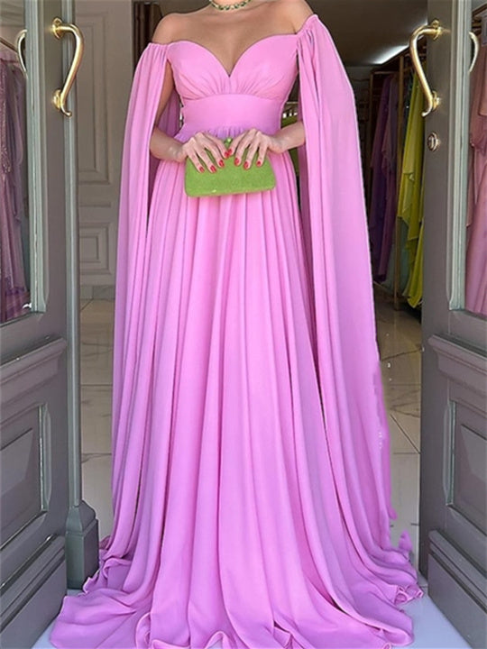 Pink Off The Shoulder Evening Maxi Gowns 2026 for Women Cape Chiffon Formal Prom Dress Cocktail Gala Wedding Guest Dress, As Pic