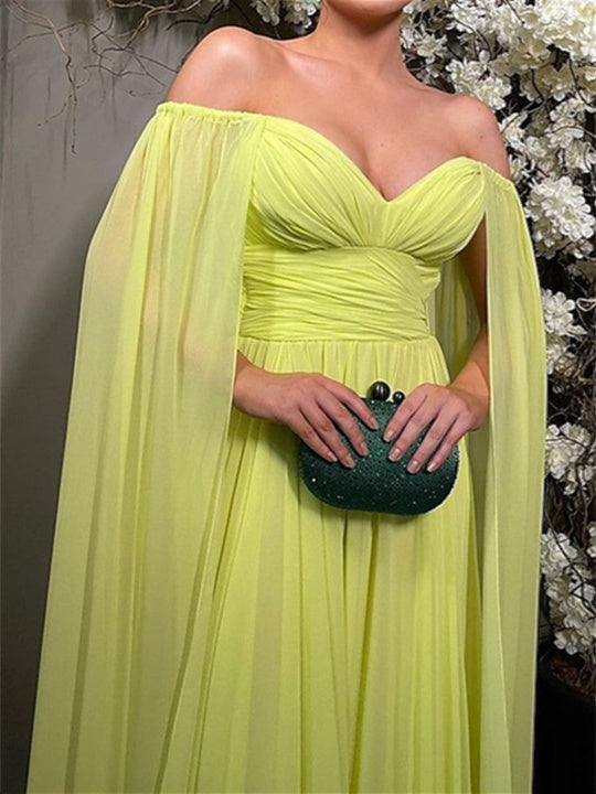 A-Line/Princess Off-the-Shoulder Floor-Length Evening Dress with Watteau Train