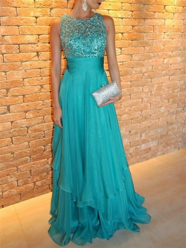 A-Line/Princess Jewel Neck Sleeveless Floor-Length Evening Dresses