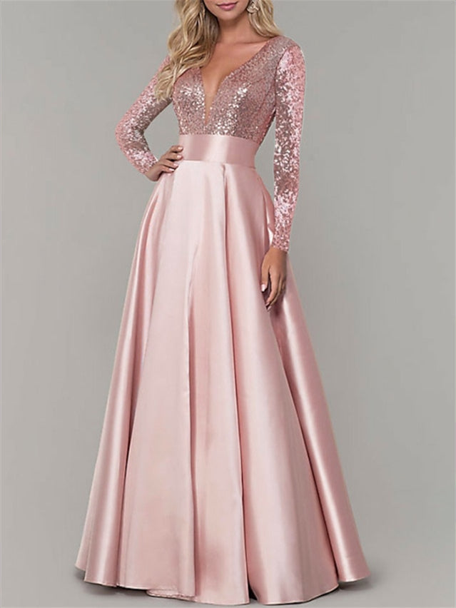 princess long sleeve prom dresses Rose Gold Evening Maxi Gown 2026 V Neck Sequin Long Sleeve Formal A Line Satin Skirt Dress for Prom or Wedding Guest, As Pic
