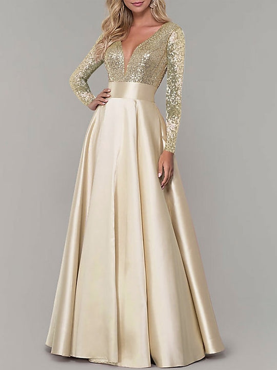 A-Line/Princess V-Neck Puffy Sleeves Tea-Length Evening Dresses