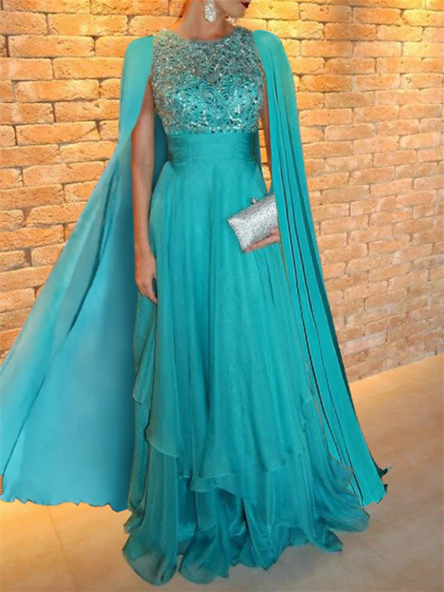 2026 Chiffon Prom Dresses Women's A-Line/Princess Jewel Neck Floor-Length Glitter Evening Dresses, As Pic