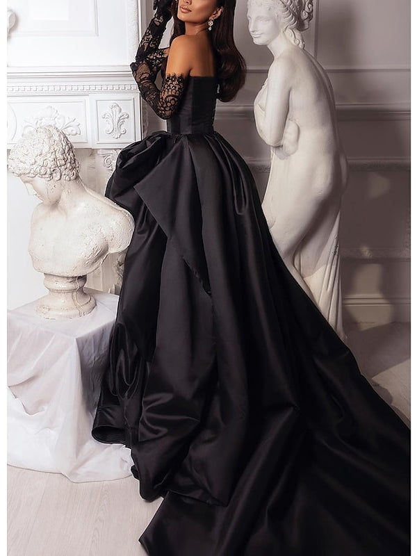 Black Evening Maxi Gown 2026 Luxury Corset Formal Dress with Long Train Lace Sleeves High Slit Gala Prom Outfit, As Pic Black Evening Maxi Gown 2026 Luxury Corset Formal Dress with Long Train Lace Sleeves High Slit Gala Prom Outfit, As Pic