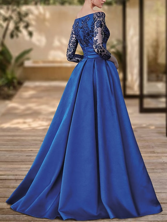 Royal Blue Evening Maxi Gown 2026 Elegant Lace Bodice Long Formal Dress with Slit V Neck A Line Party Prom Outfit, As Pic