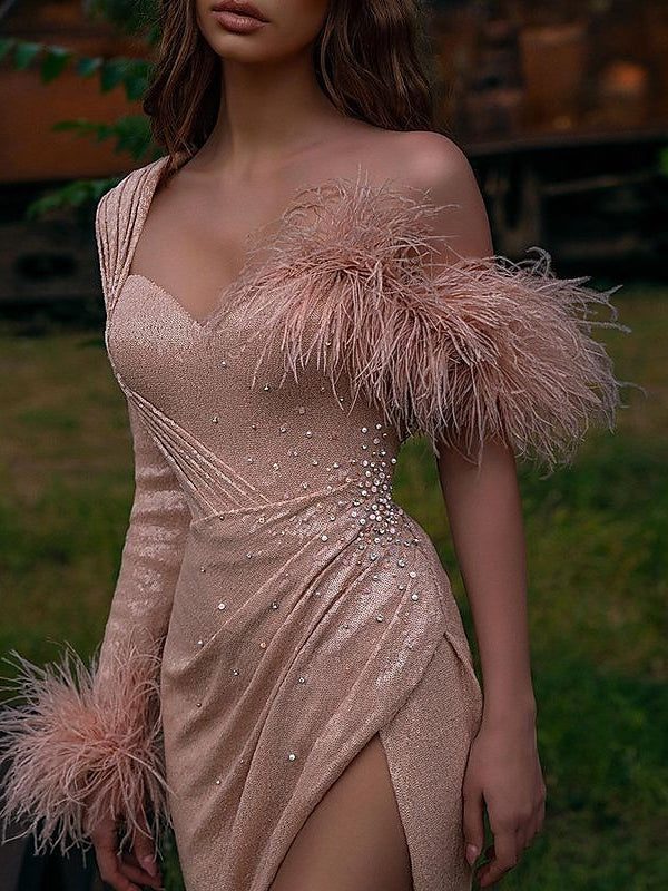 Mermaid/Trumpet Sweetheart One Shoulder Sweep/Brush Train Evening Dresses with Feather