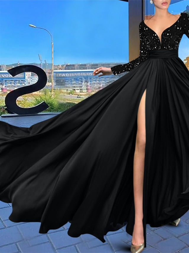 A-Line/Princess Court Train Long Sleeve V Neck Evening Dresses with Sequin