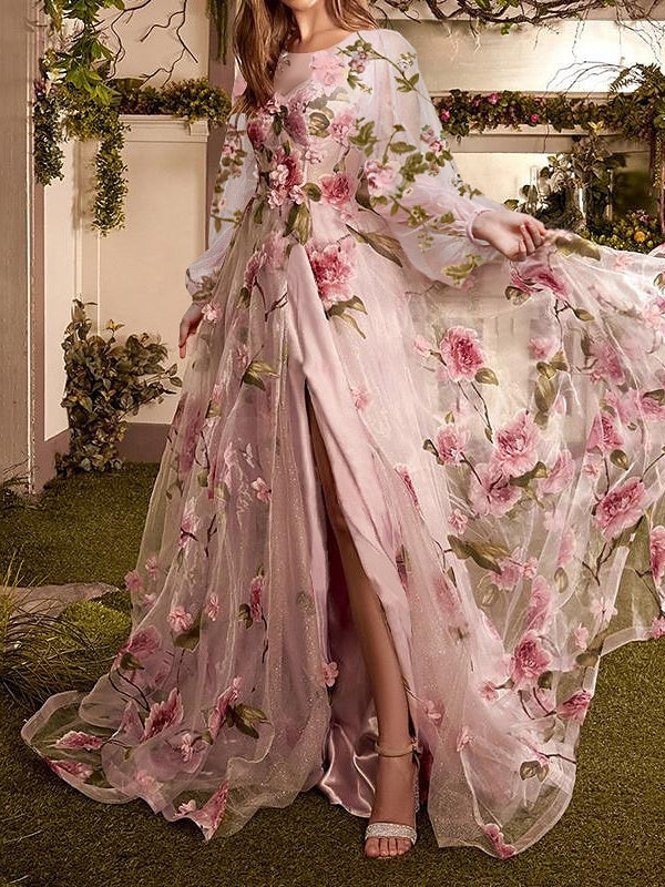 A-Line/Princess Sweep/Brush Train Long Sleeves Evening Dresses with Floral Print