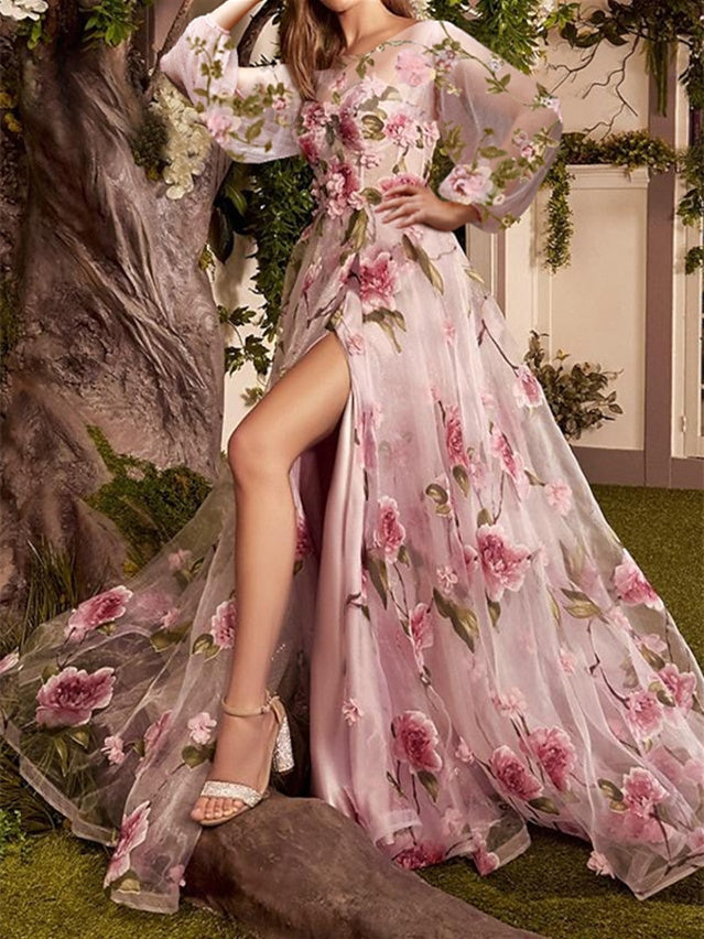 A-Line/Princess Sweep/Brush Train Long Sleeves Evening Dresses with Floral Print