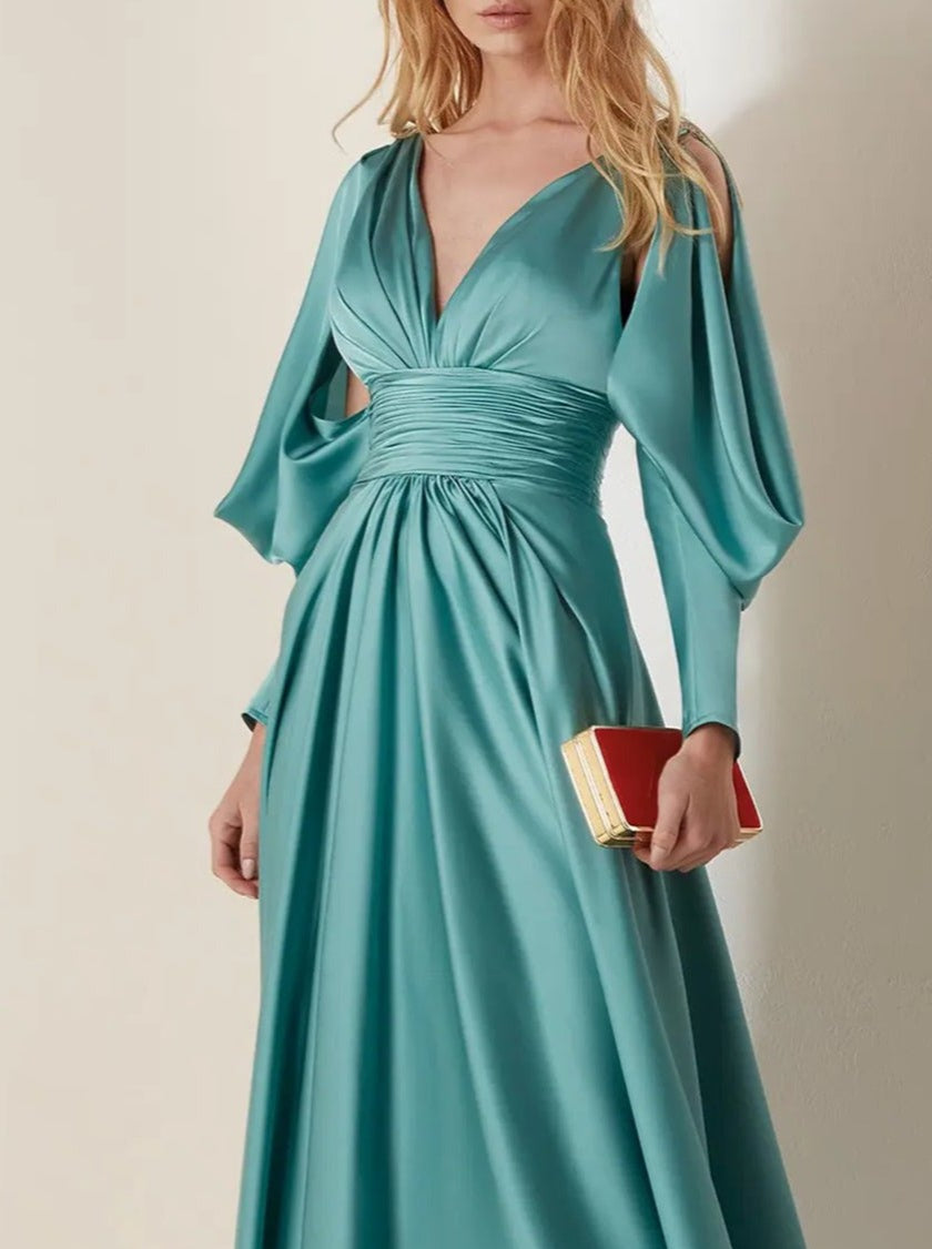 A-Line/Princess V-Neck Long Sleeves Floor-Length Evening Dresses with Pleats