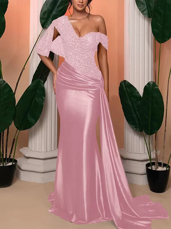 Trumpet/Mermaid One Shoulder Sleeveless Floor-Length Wedding Guest Dresses With Sequined