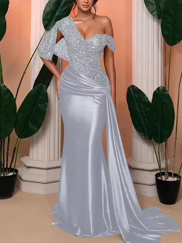 Trumpet/Mermaid One Shoulder Sleeveless Floor-Length Wedding Guest Dresses With Sequined