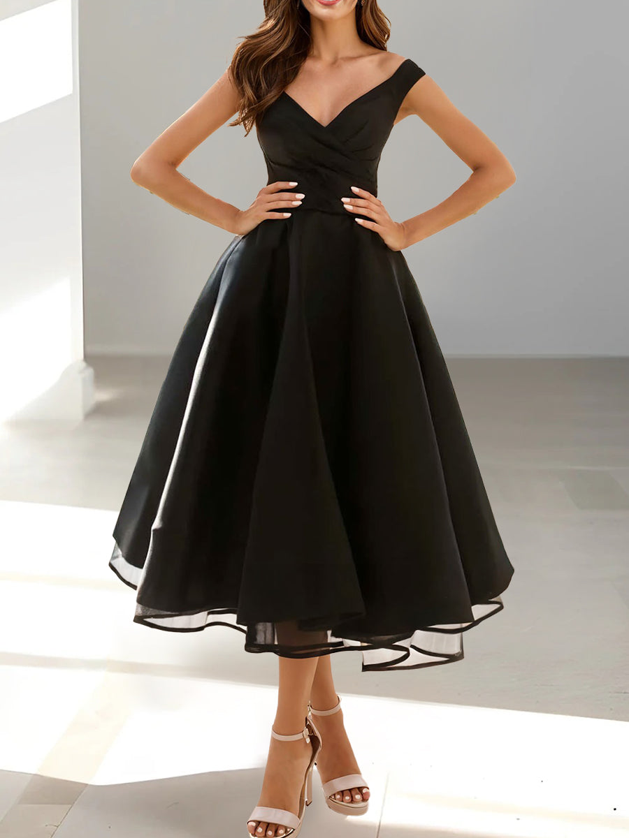 A-Line/Princess Cocktail Dresses V-Neck Tea-Length Wedding Guest Sleeveless with Pleated, As Pic