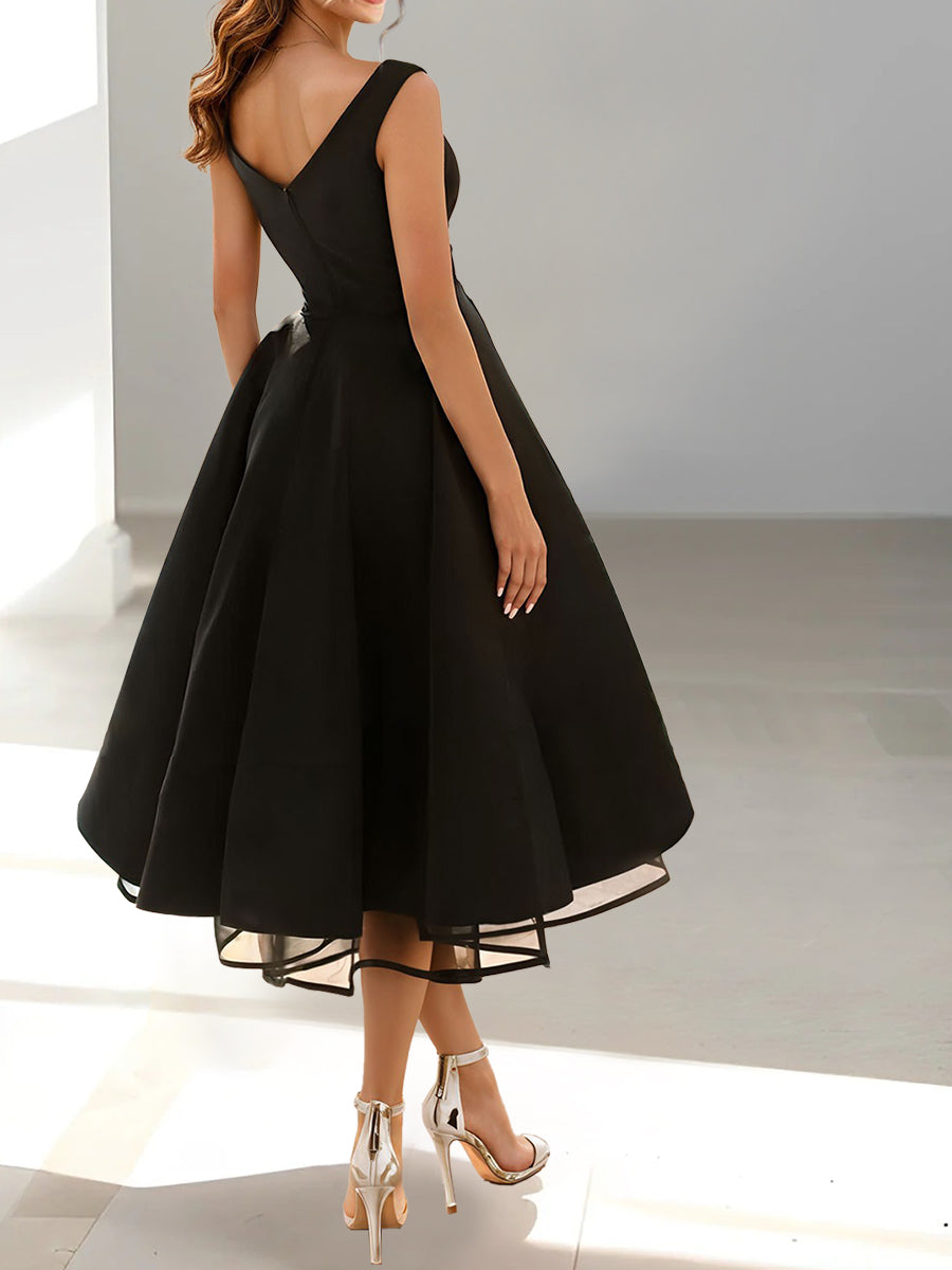 A-Line/Princess Cocktail Dresses V-neck Tea-Length Wedding Guest Sleev - Mondressy A-Line/Princess Cocktail Dresses V-neck Tea-Length Wedding Guest Sleev - Mondressy