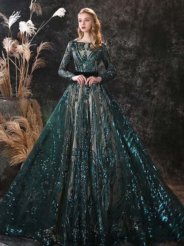 A-Line/Princess Scoop Neck Long Sleeves Court Train Evening Dresses Wi - Mondressy A-Line/Princess Scoop Neck Long Sleeves Court Train Evening Dresses Wi - Mondressy