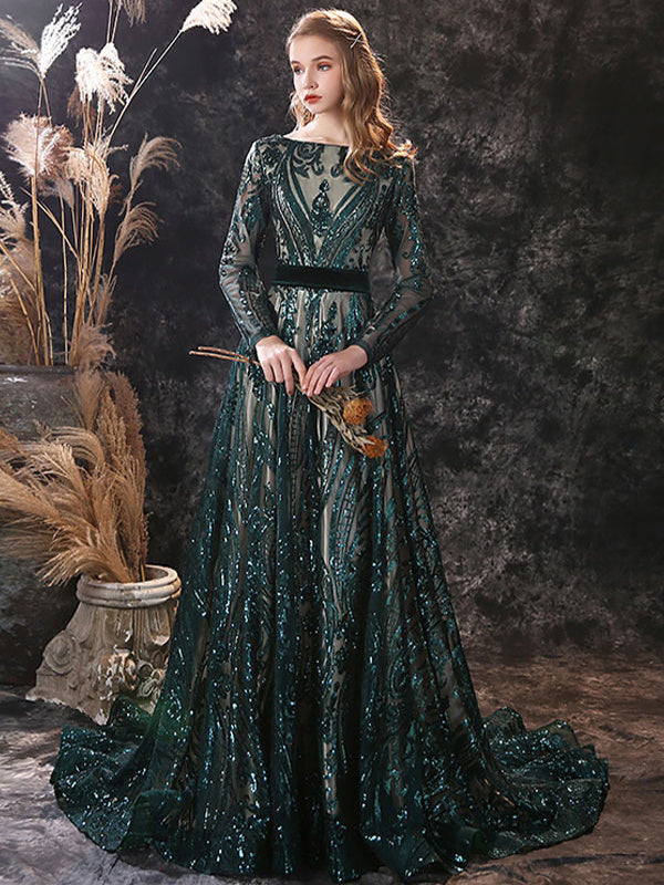 A-Line/Princess Scoop Neck Long Sleeves Court Train Evening Dresses With Lace