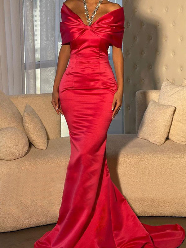 Trumpet/Mermaid Off-the-Shoulder Short Sleeves Sweep Train Evening Dresses With Beading