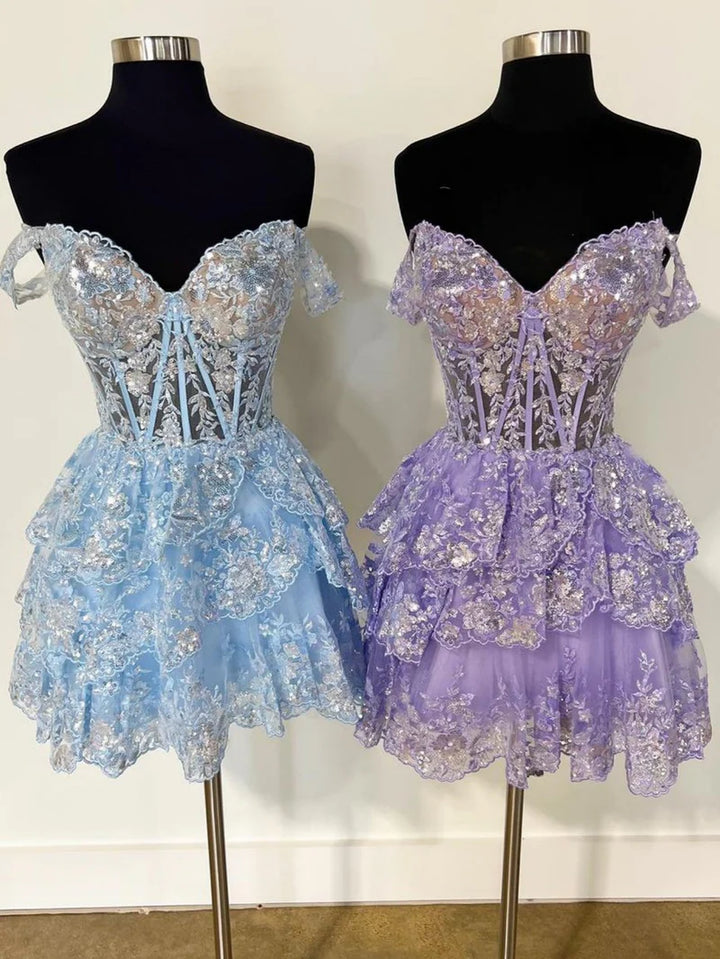 A-Line/Princess Off-the-Shoulder Sweetheart Sleeveless Short/Mini Party Dance Cocktail Homecoming Dresses With Ruffles & Sequins