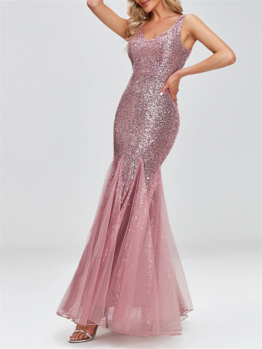 Trumpet/Mermaid Sleeveless V-Neck Sparkle Dress Evening Dresses With Sequin