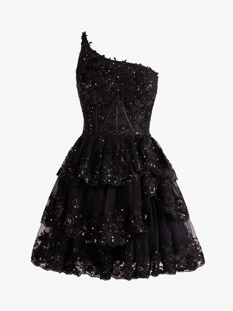 A-Line/Princess One-Shoulder Sleeveless Short/Mini Party Dance Cocktail Homecoming Dress With Sequins