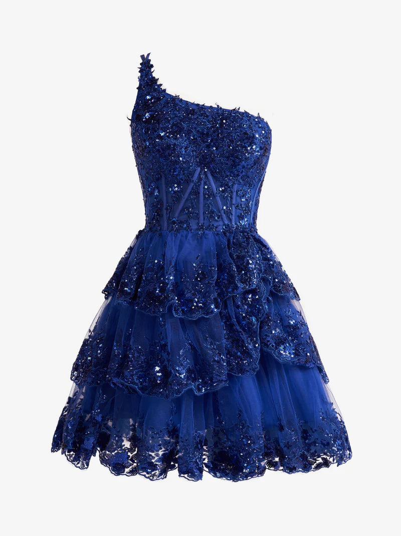 A-Line/Princess One-Shoulder Sleeveless Short/Mini Party Dance Cocktail Homecoming Dress With Sequins