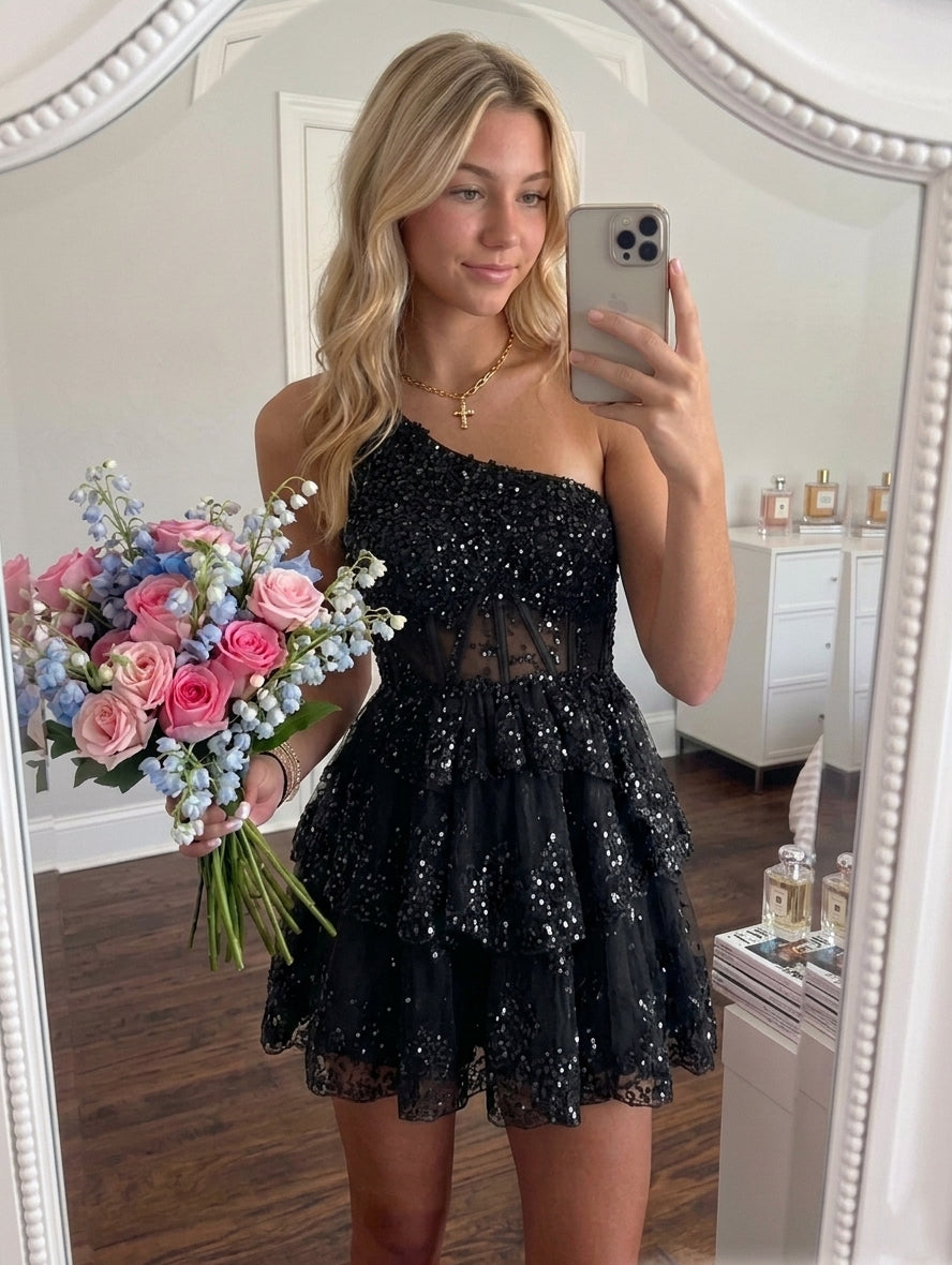 A-Line/Princess One-Shoulder Sleeveless Short/Mini Party Dance Cocktail Homecoming Dress With Sequins