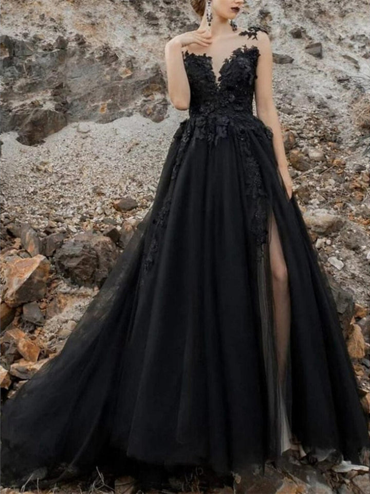 A-Line/Princess Illusion Neck Sleeveless Evening Dresses With Pleats Slit Appliques