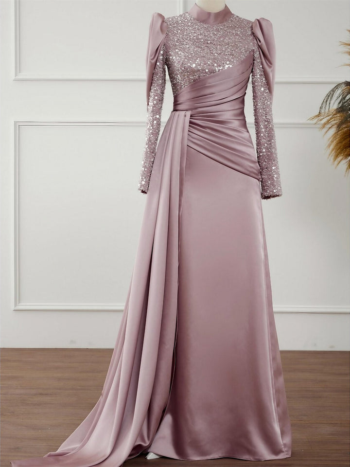A-Line/Princess Long Sleeves Jewel Neck Evening Dresses With Glitter Pleats Ruched