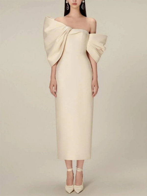 Sheath/Column Half Sleeve Off-the-Shoulder Evening Dresses With Bow(s)