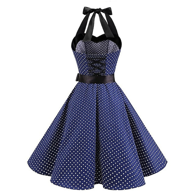 A-Line/Princess Halter Sleeveless Knee-Length Vintage Dress, S / Ink Blue A-Line/Princess Halter Sleeveless Knee-Length Vintage Dress, S / Ink Blue