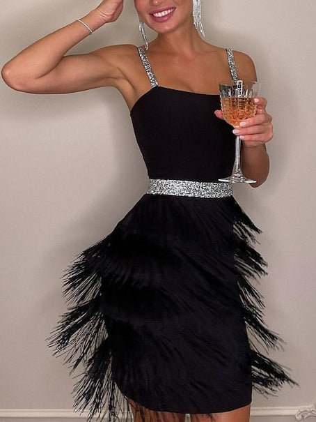 A-Line/Princess Spaghetti Straps Sleeveless Knee-Length Vintage Dress With Tassel Fringe, S / Black