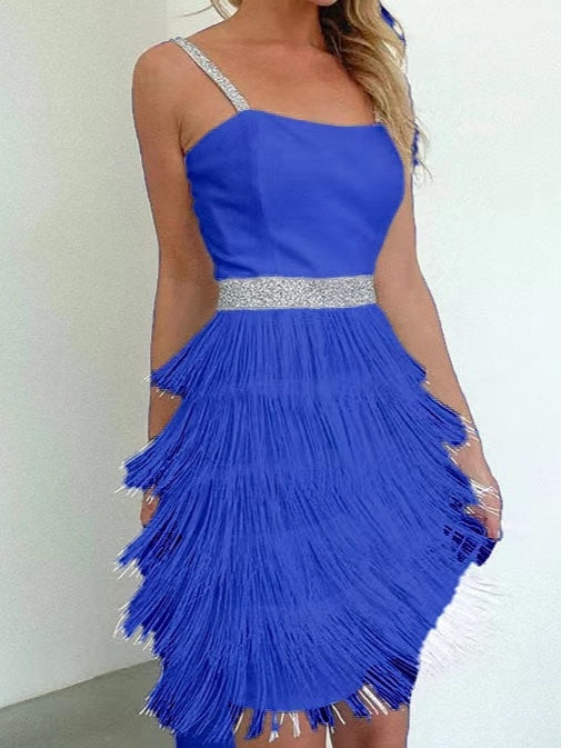 A-Line/Princess Spaghetti Straps Sleeveless Knee-Length Vintage Dress With Tassel Fringe Blue A-Line/Princess Spaghetti Straps Sleeveless Knee-Length Vintage Dress With Tassel Fringe Blue