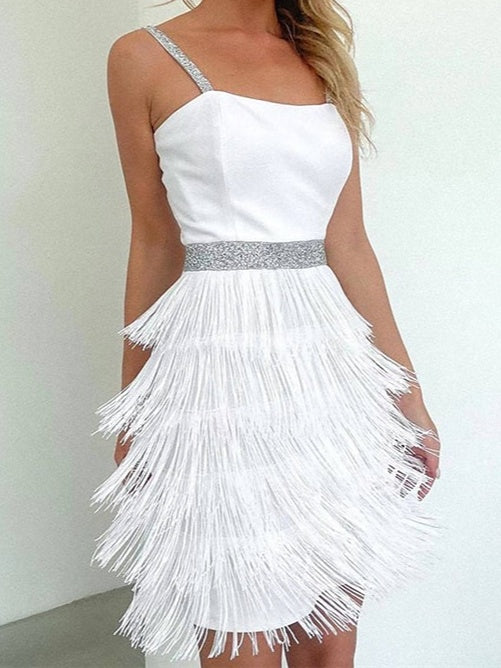 A-Line/Princess Spaghetti Straps Sleeveless Knee-Length Vintage Dress With Tassel Fringe White A-Line/Princess Spaghetti Straps Sleeveless Knee-Length Vintage Dress With Tassel Fringe White