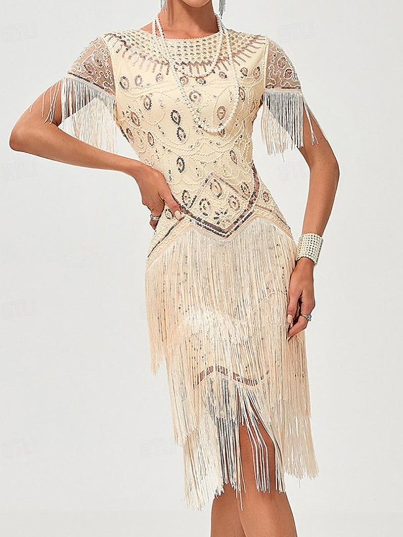 A-Line/Princess Jewel Neck Short Sleeve Knee-Length Vintage Dress with Tassel Fringe & Sequins