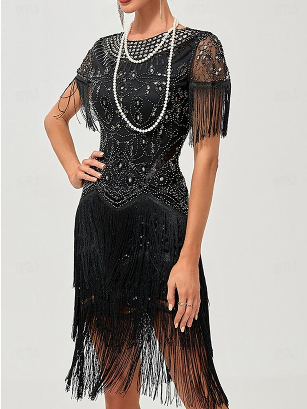 A-Line/Princess Jewel Neck Short Sleeve Knee-Length Vintage Dress with Tassel Fringe & Sequins, S / Black