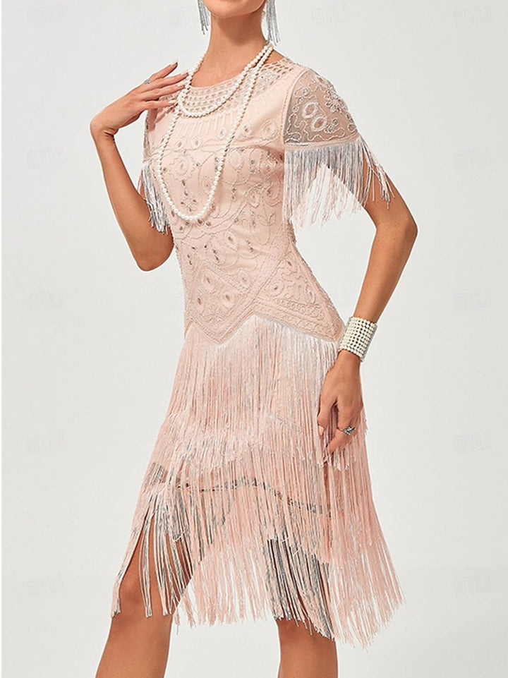 A-Line/Princess Jewel Neck Short Sleeve Knee-Length Vintage Dress with Tassel Fringe & Sequins