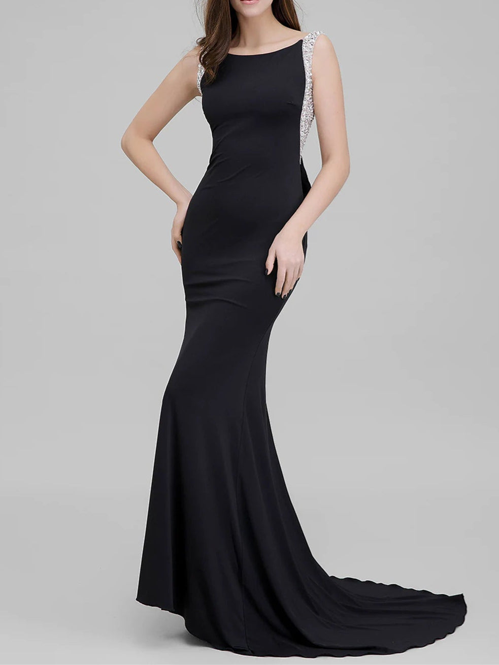 chinese dress ladies Beaded Shoulder Evening Gowns 2026 for Women Black Round Neck Formal Prom Dress Mermaid Train Cocktail Gala Wedding Guest Dress, As Pic